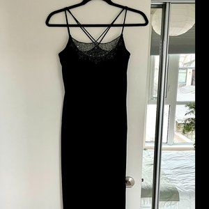 Long Black Velvet Evening Dress with Embroidered Details
